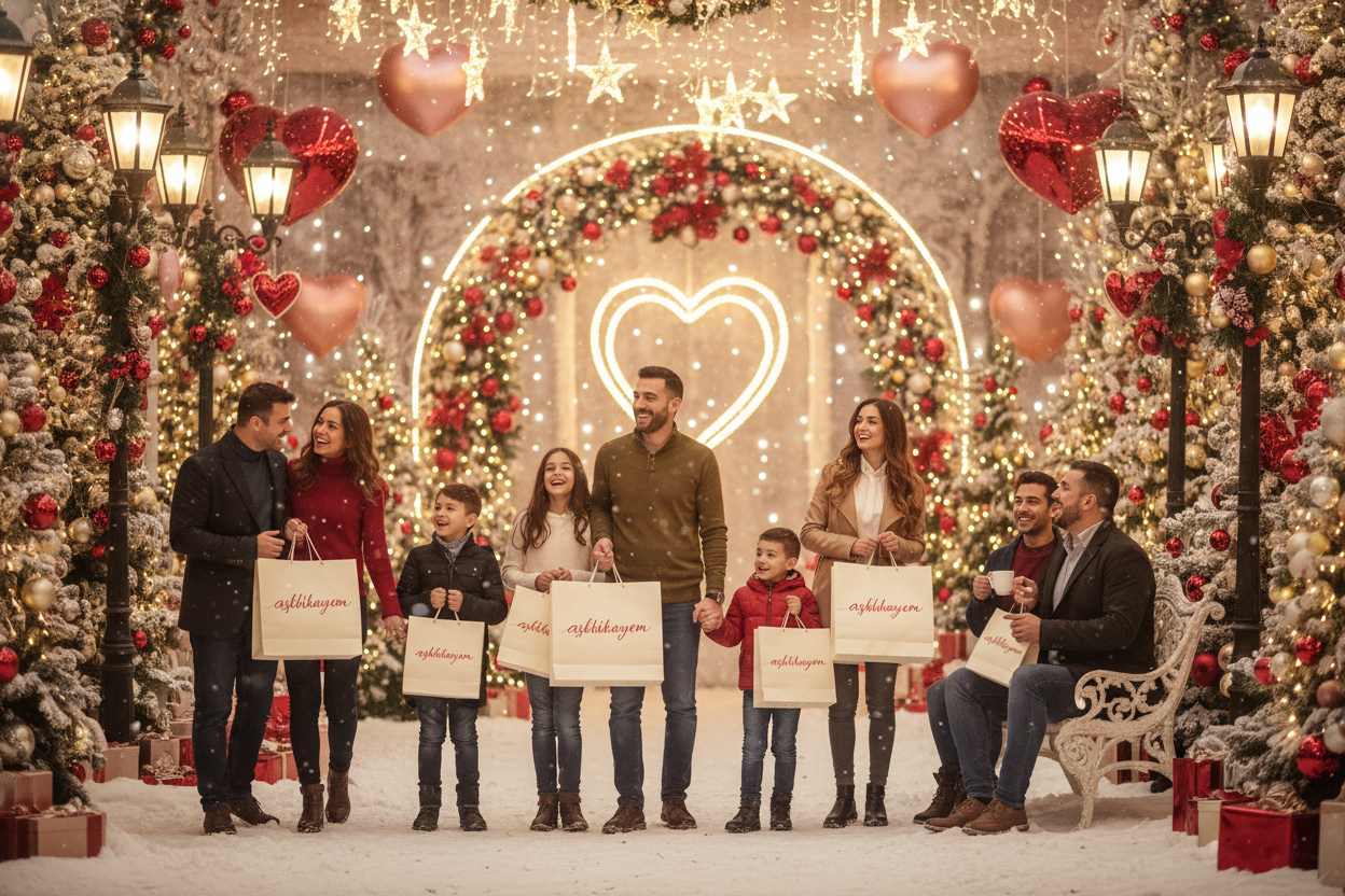 insanlar olsun ellerinde aşkhikayem yazılı poşetler olsun çocuklar falan olsun  